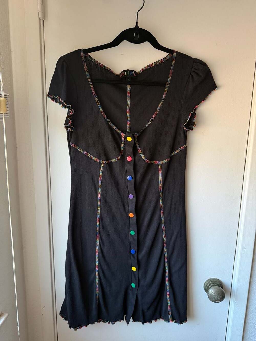 dELiA*s Black Ribbed Knit Contrast Rainbow Stitch Button Down Mini Dress Size L